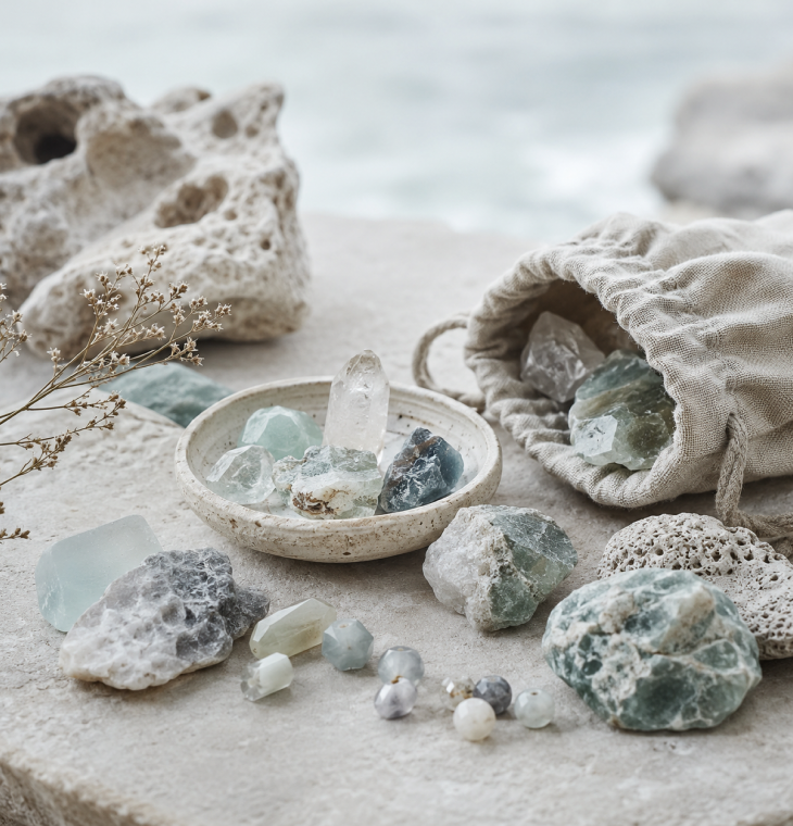 Crystals arranged by the shore