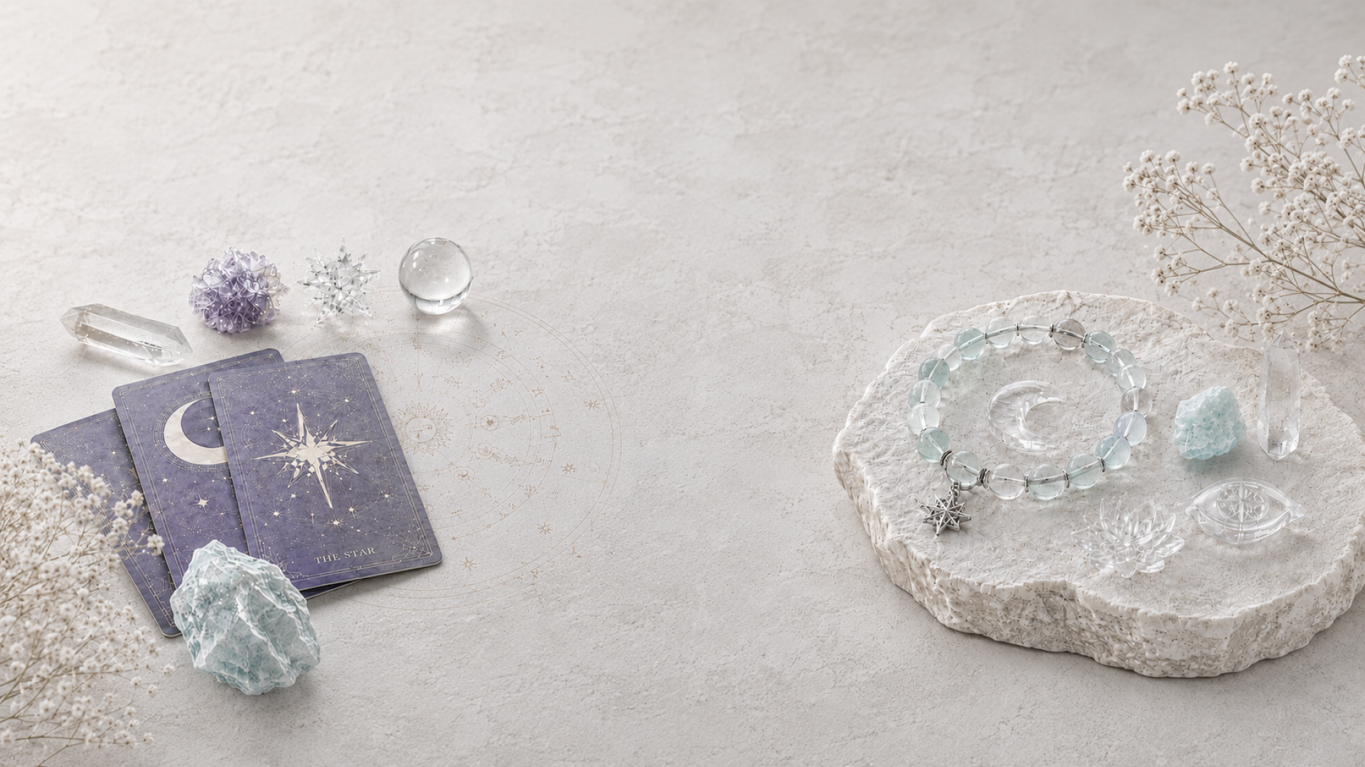 Crystal cards, stones, and a bracelet for the crystal quiz